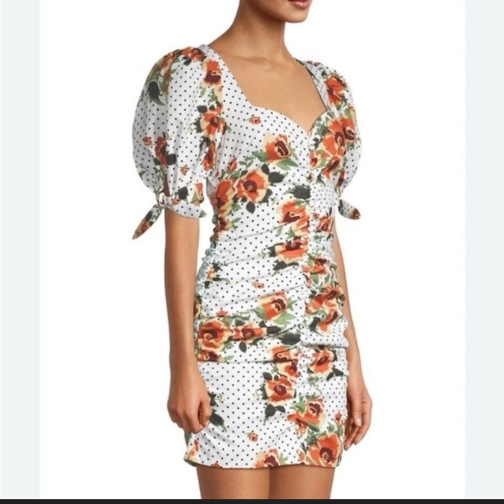 White Orange Floral Polka Dot Ruched Mini Dress